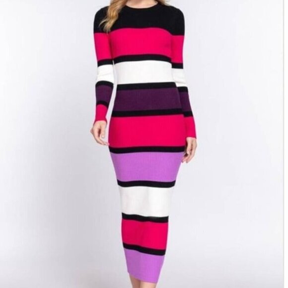 Boutique Ribbed Knit Sweater Long Sleeve Color Block Striped Midi Maxi Dress - Picture 5 of 13